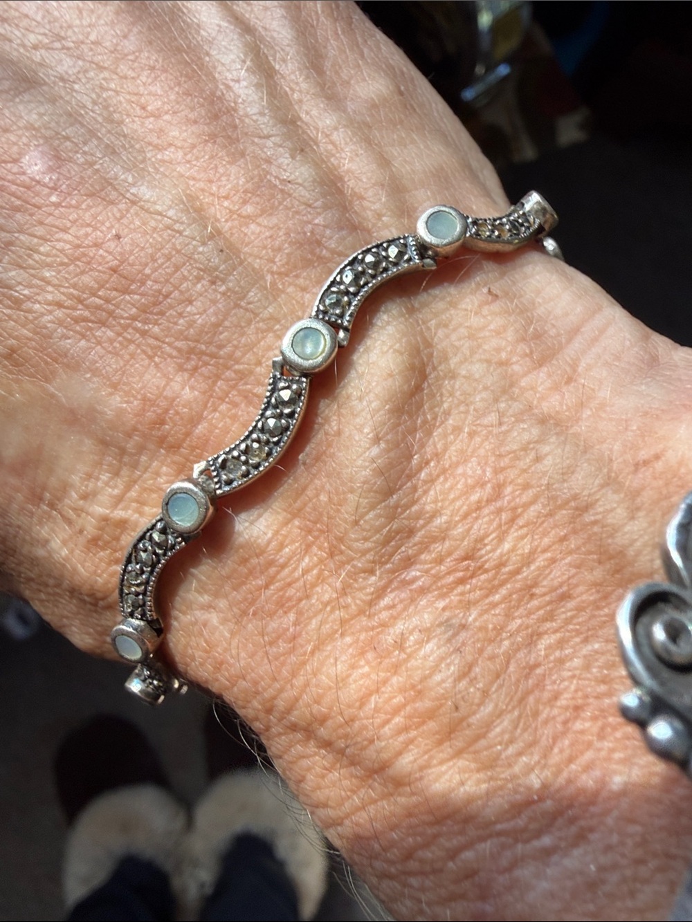 sterling Silver Marcasite obsidian Bracelet with Opalescent mother of pearl